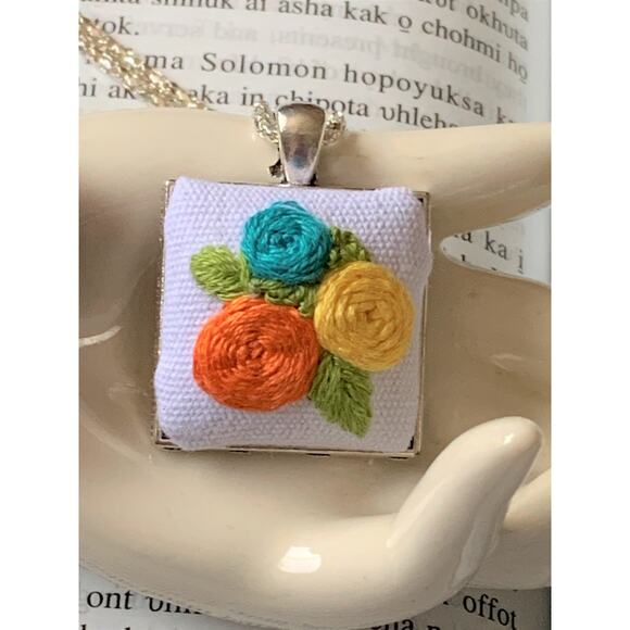 Wild Rose Embroidered Necklace in Square Bezel - Handmade - Picture 3 of 5